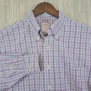 Brooks Brothers Button Down Shirt Men's Large Purple White Plaid Non Iron Cotton